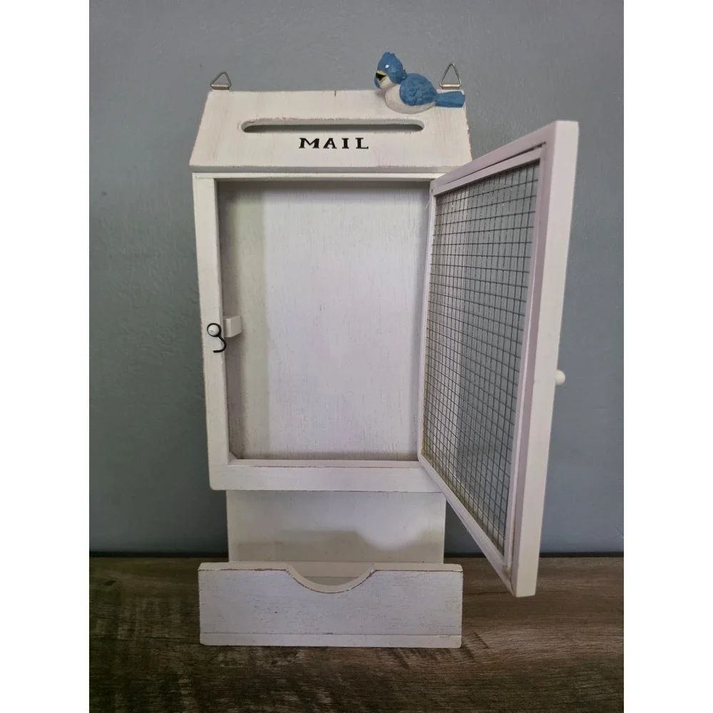 Rustic White Wood Mail Organizer Wall Mount Bluebird Farmhouse Decor Cottagecore